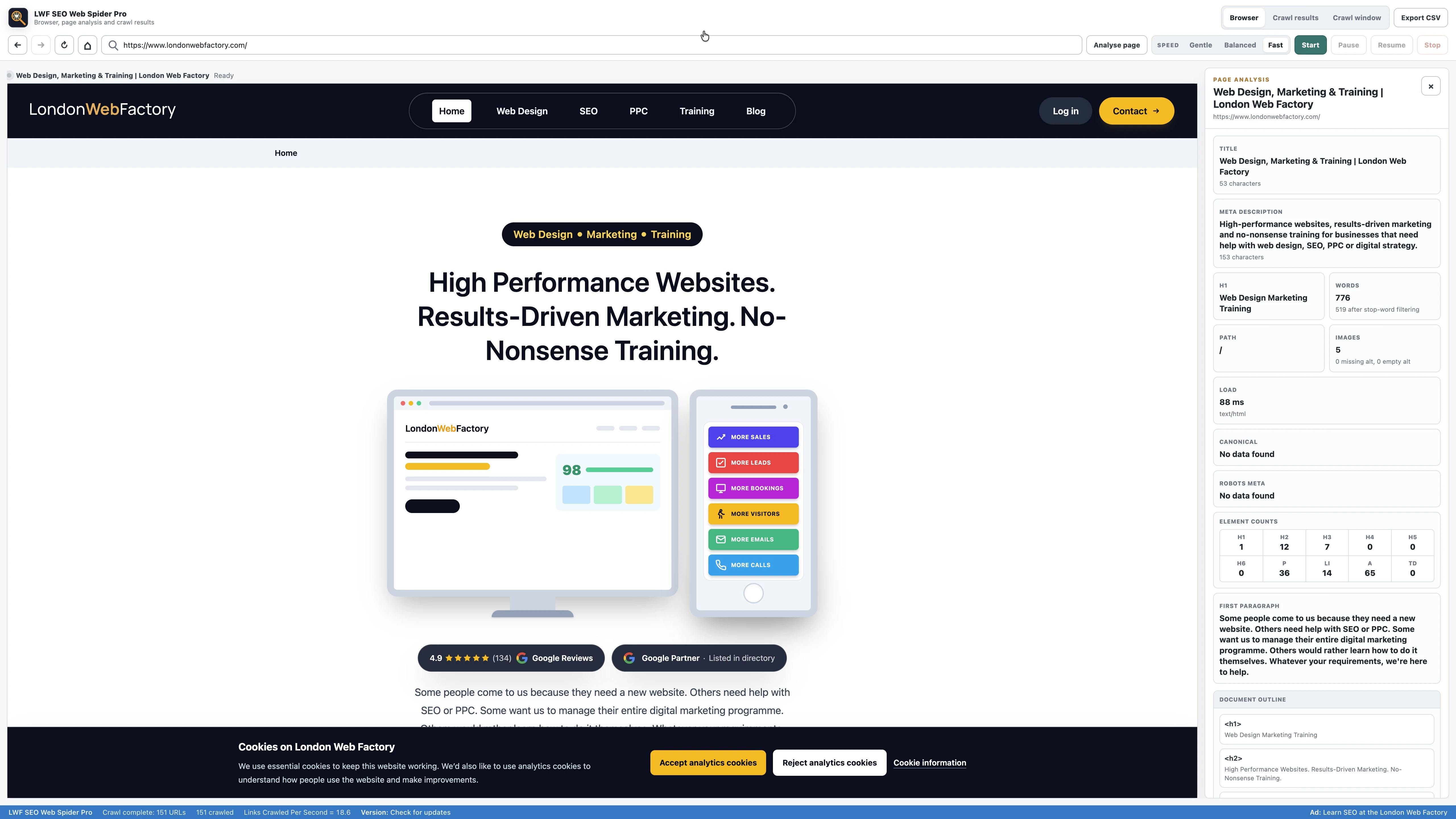 The SEO Spider browser displaying London Web Factory alongside page analysis for titles, headings, images and metadata.