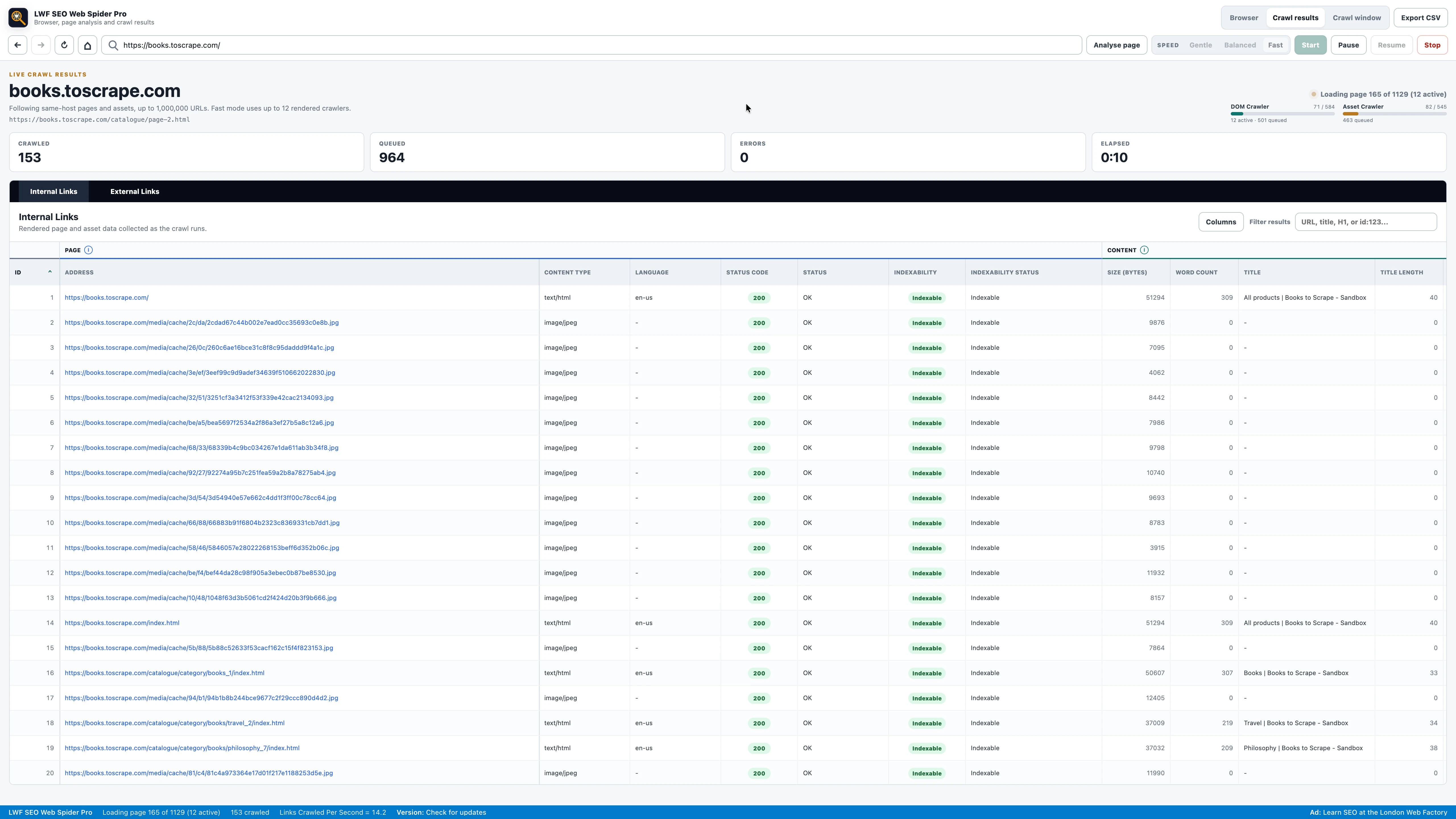LWF SEO Spider showing live crawl results with URLs, status codes, indexability and page titles.