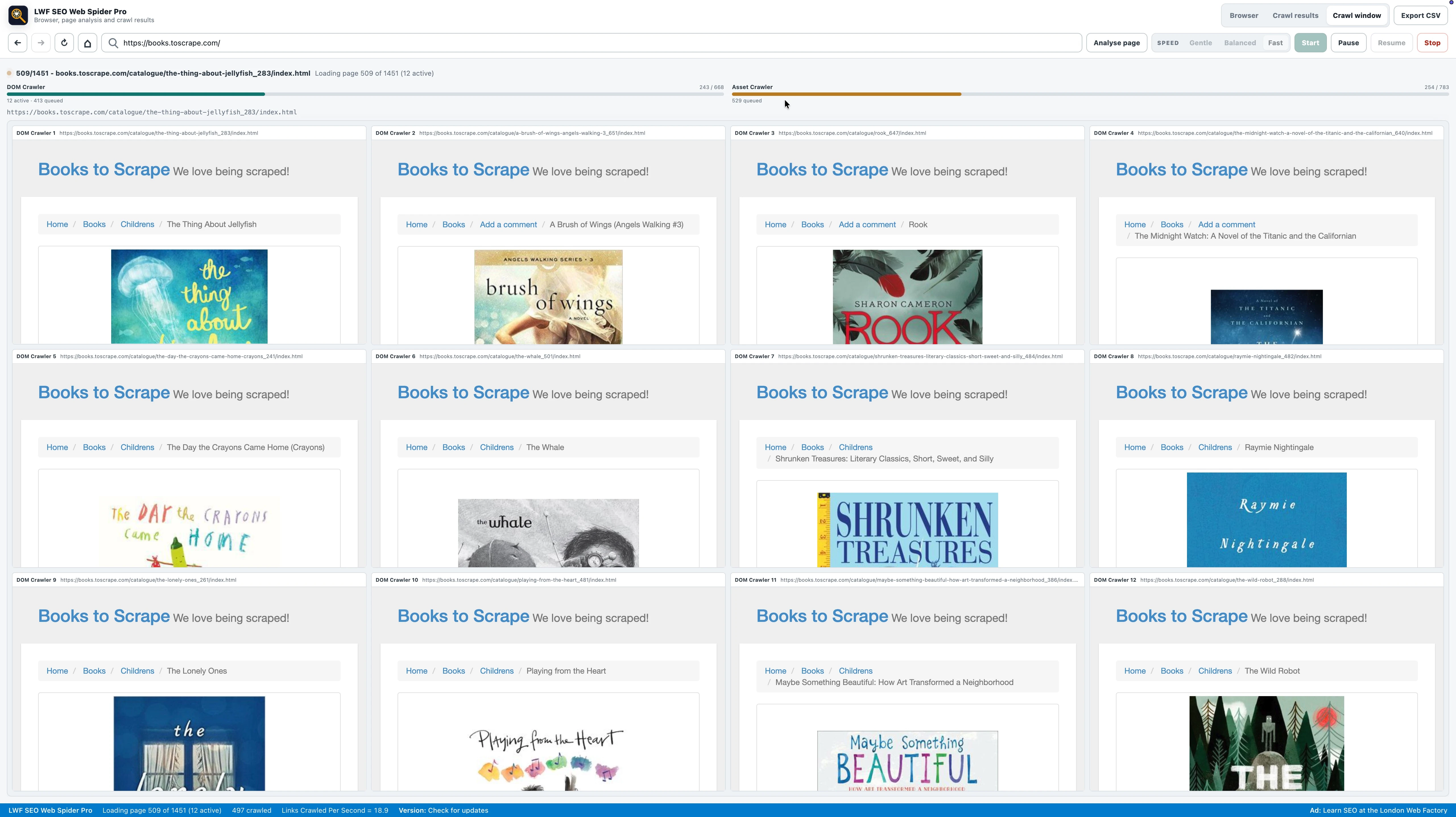 The SEO Spider crawl window showing multiple rendered pages as a website crawl progresses.